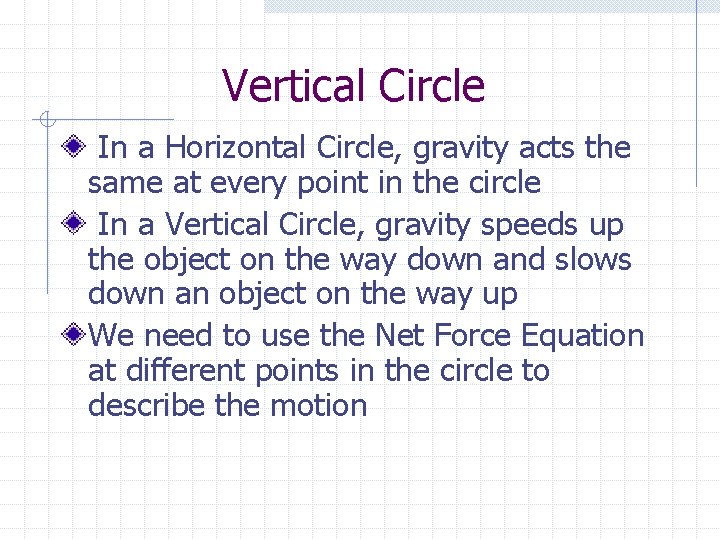 Vertical Circle In a Horizontal Circle, gravity acts the same at every point in