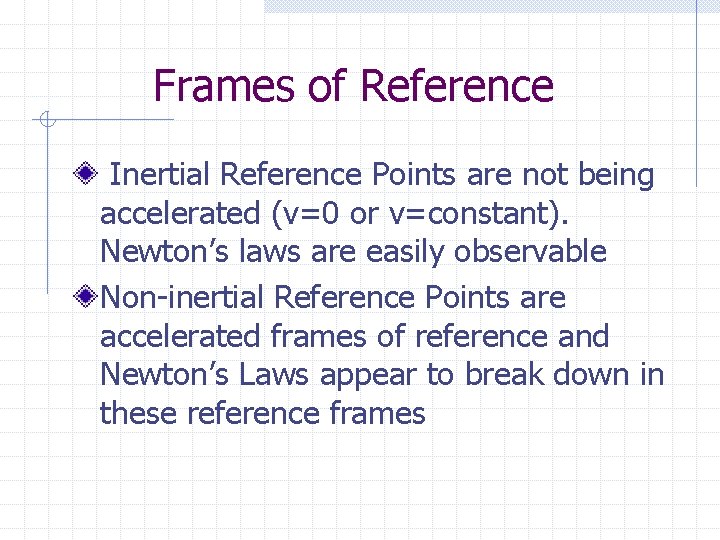 Frames of Reference Inertial Reference Points are not being accelerated (v=0 or v=constant). Newton’s