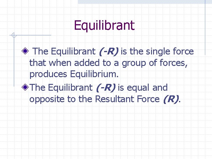 Equilibrant The Equilibrant (-R) is the single force that when added to a group