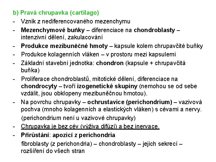 b) Pravá chrupavka (cartilago) - Vznik z nediferencovaného mezenchymu - Mezenchymové buňky – diferenciace