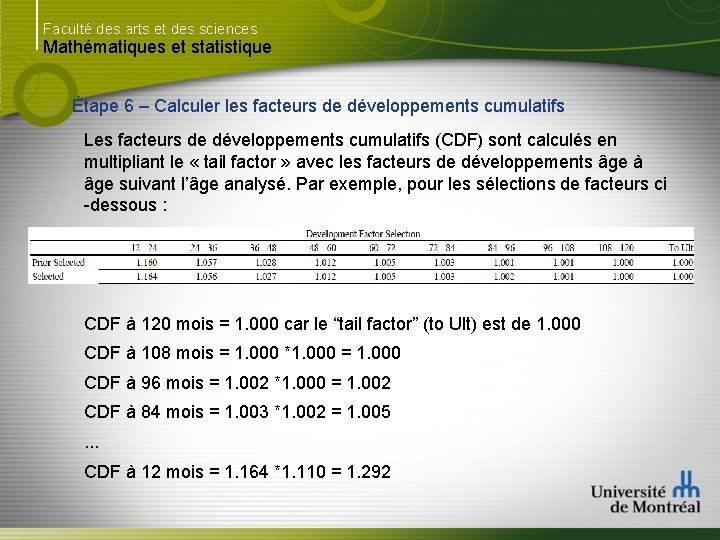 Faculté des arts et des sciences Mathématiques et statistique Étape 6 – Calculer les