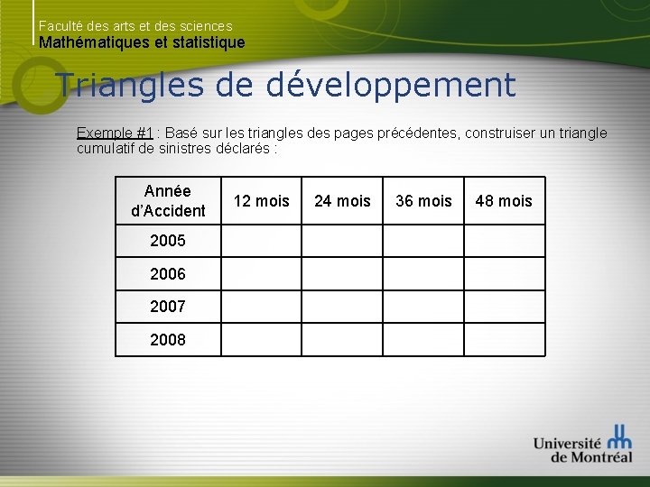 Faculté des arts et des sciences Mathématiques et statistique Triangles de développement Exemple #1