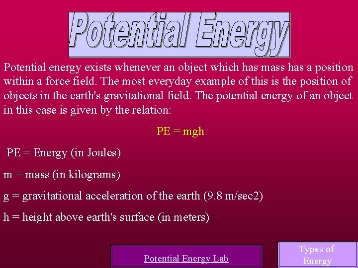 Potential energy exists whenever an object which has mass has a position within a