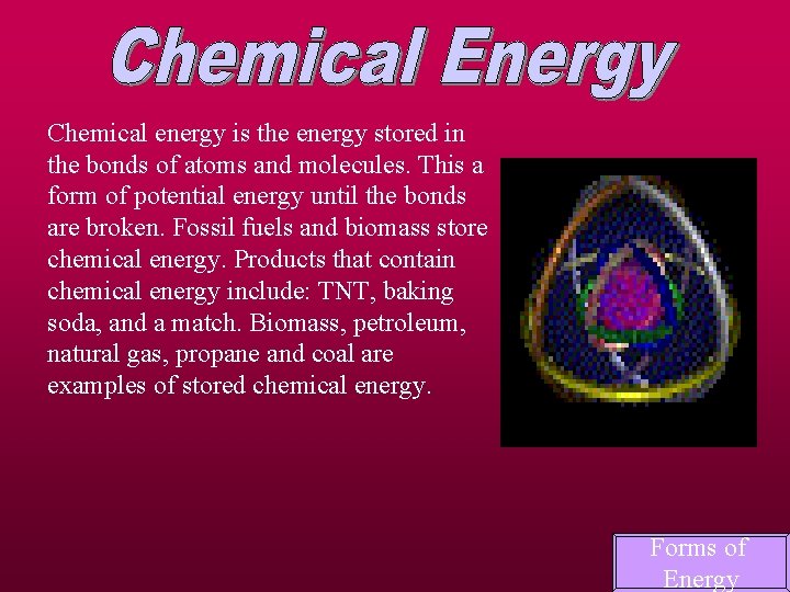 Chemical energy is the energy stored in the bonds of atoms and molecules. This