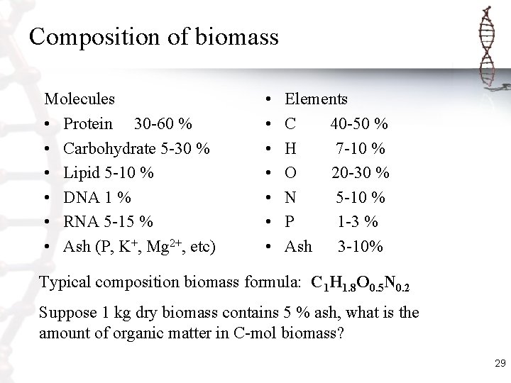 Composition of biomass Molecules • Protein 30 -60 % • Carbohydrate 5 -30 %