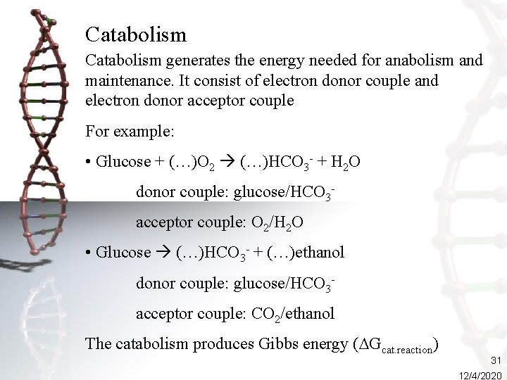 Catabolism generates the energy needed for anabolism and maintenance. It consist of electron donor