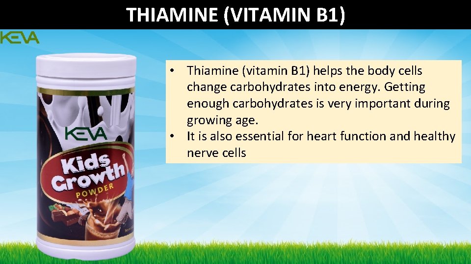 THIAMINE (VITAMIN B 1) • Thiamine (vitamin B 1) helps the body cells change THIAMINE (VITAMIN B 1) • Thiamine (vitamin B 1) helps the body cells change