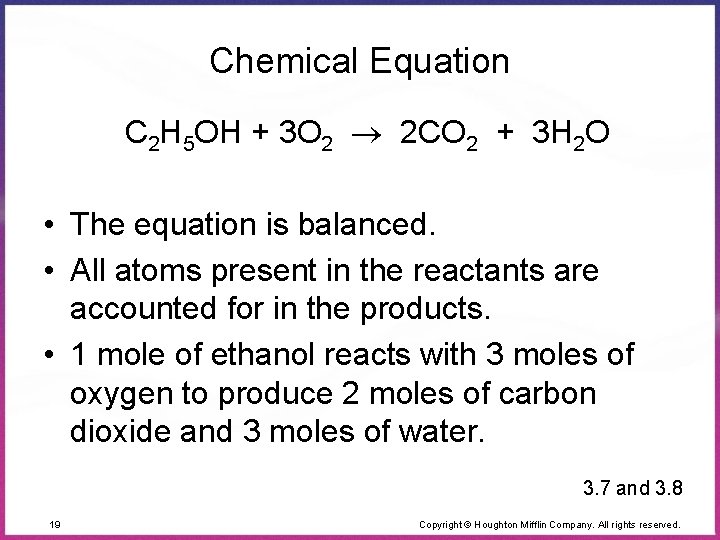 Chemical Equation C 2 H 5 OH + 3 O 2 2 CO 2