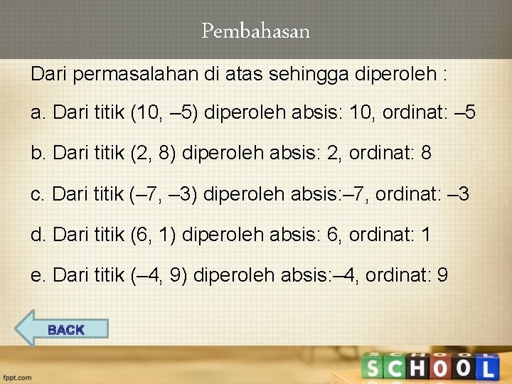 Pembahasan Dari permasalahan di atas sehingga diperoleh : a. Dari titik (10, – 5)