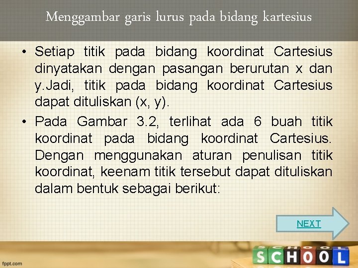 Menggambar garis lurus pada bidang kartesius • Setiap titik pada bidang koordinat Cartesius dinyatakan