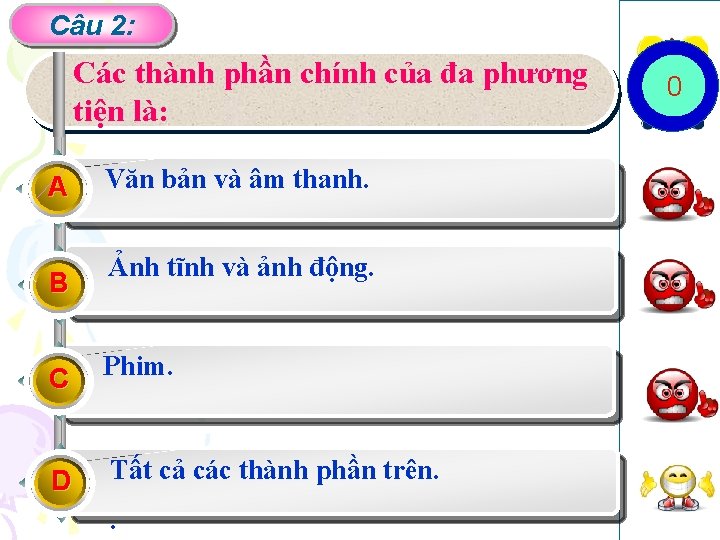 Câu 2: Các thành phần chính của đa phương tiện là: A B Văn