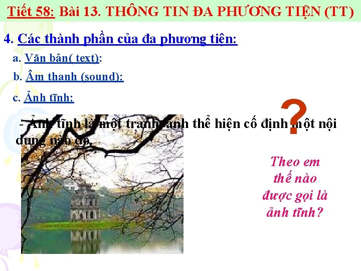 Tiết 58: Bài 13. THÔNG TIN ĐA PHƯƠNG TIỆN (TT) 4. Các thành phần