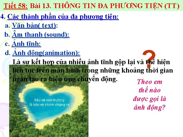 Tiết 58: Bài 13. THÔNG TIN ĐA PHƯƠNG TIỆN (TT) 4. Các thành phần