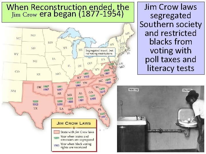 When Reconstruction ended, the Jim Crow era began (1877 -1954) Jim Crow laws segregated