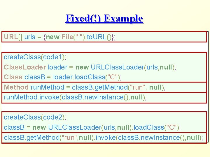 Fixed(!) Example URL[] urls = {new File(". "). to. URL()}; create. Class(code 1); Class.