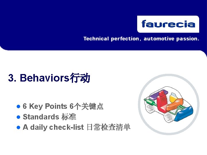 3. Behaviors行动 6 Key Points 6个关键点 l Standards 标准 l A daily check-list 日常检查清单 3. Behaviors行动 6 Key Points 6个关键点 l Standards 标准 l A daily check-list 日常检查清单