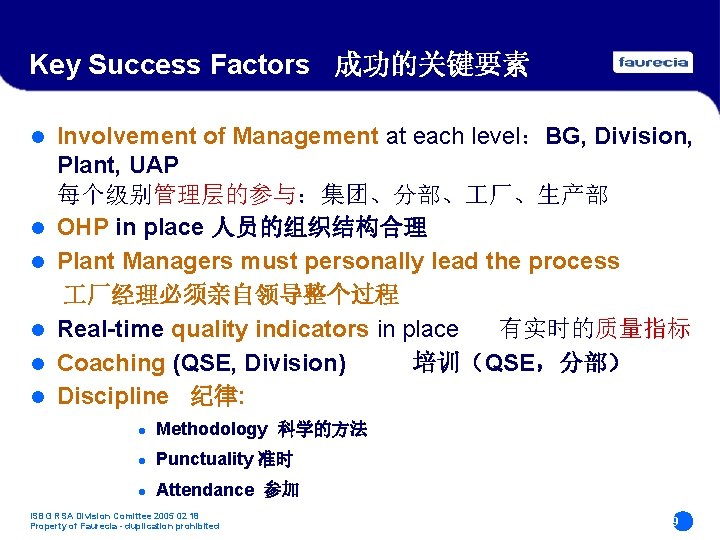 Key Success Factors 成功的关键要素 l l l Involvement of Management at each level:BG, Division, Key Success Factors 成功的关键要素 l l l Involvement of Management at each level:BG, Division,