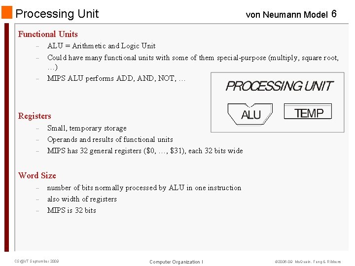 Processing Unit von Neumann Model 6 Functional Units – – – ALU = Arithmetic