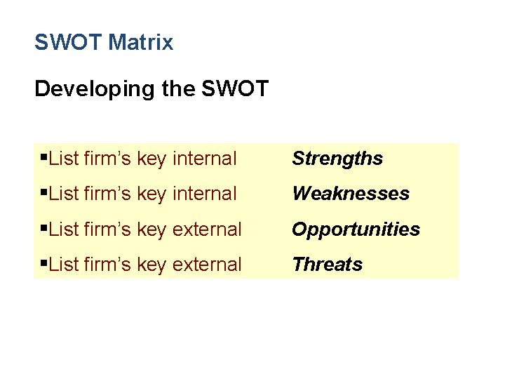 SWOT Matrix Developing the SWOT §List firm’s key internal Strengths §List firm’s key internal