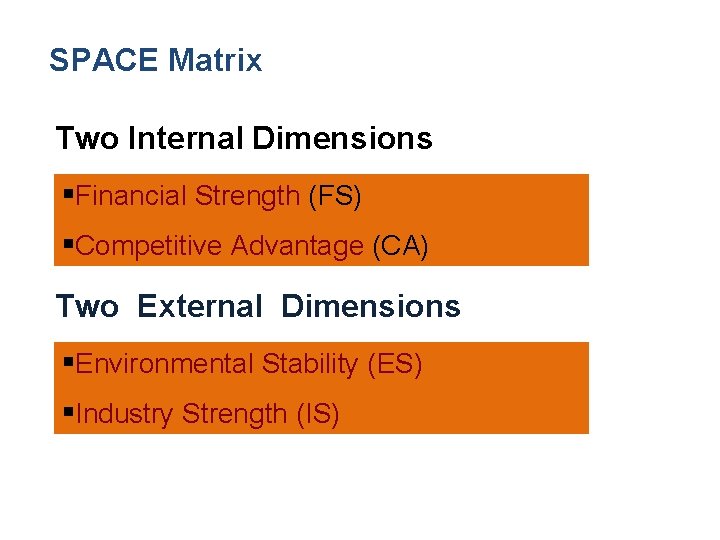 SPACE Matrix Two Internal Dimensions §Financial Strength (FS) §Competitive Advantage (CA) Two External Dimensions