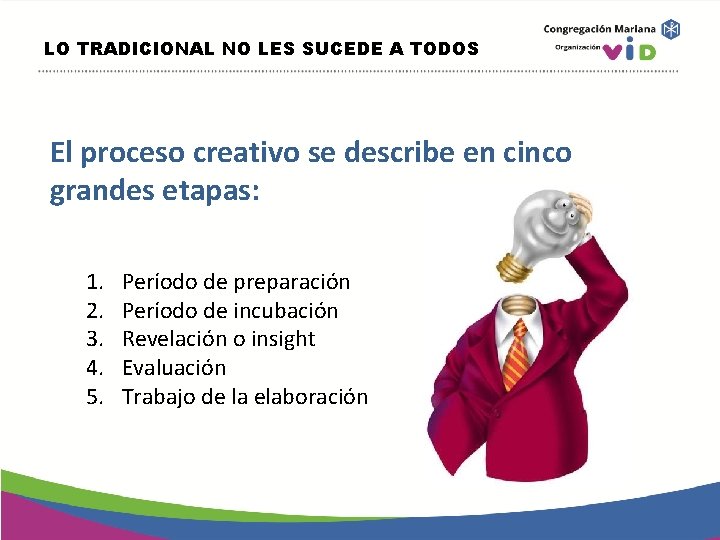 LO TRADICIONAL NO LES SUCEDE A TODOS El proceso creativo se describe en cinco