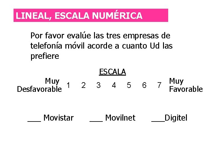 LINEAL, ESCALA NUMÉRICA Por favor evalúe las tres empresas de telefonía móvil acorde a