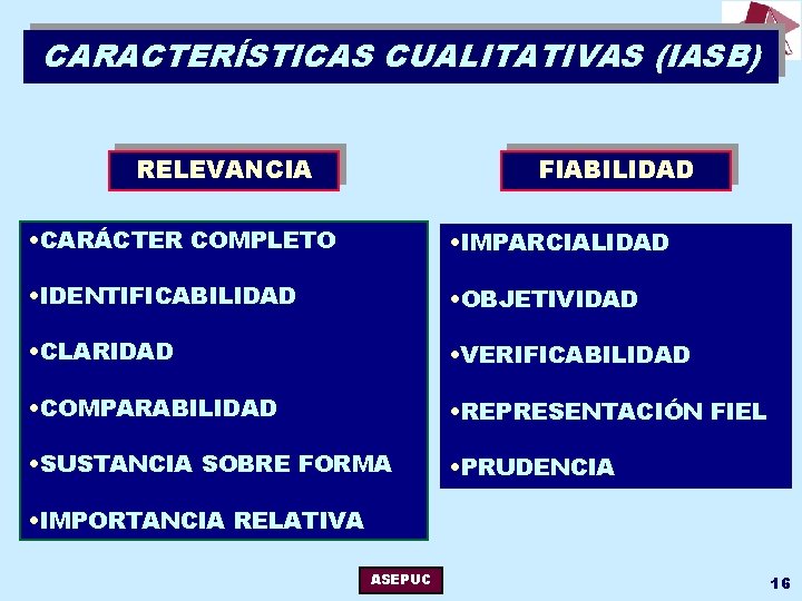 CARACTERÍSTICAS CUALITATIVAS (IASB) RELEVANCIA FIABILIDAD • CARÁCTER COMPLETO • IMPARCIALIDAD • IDENTIFICABILIDAD • OBJETIVIDAD