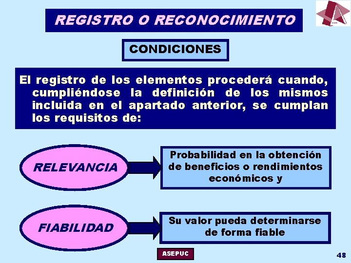 REGISTRO O RECONOCIMIENTO CONDICIONES El registro de los elementos procederá cuando, cumpliéndose la definición