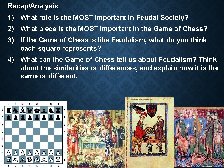 Recap/Analysis 1) What role is the MOST important in Feudal Society? 2) What piece