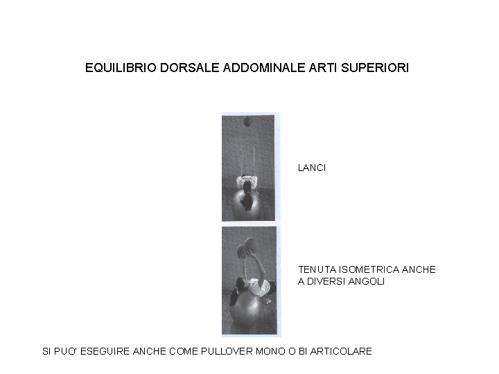 EQUILIBRIO DORSALE ADDOMINALE ARTI SUPERIORI LANCI TENUTA ISOMETRICA ANCHE A DIVERSI ANGOLI SI PUO’
