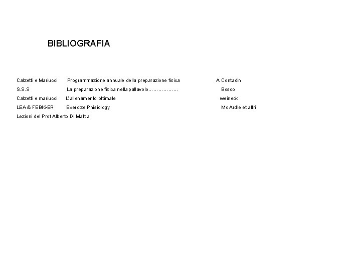 BIBLIOGRAFIA Calzetti e Mariucci Programmazione annuale della preparazione fisica A. Contadin S. S. S