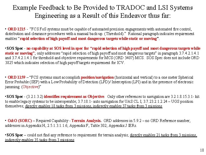 Example Feedback to Be Provided to TRADOC and LSI Systems Engineering as a Result