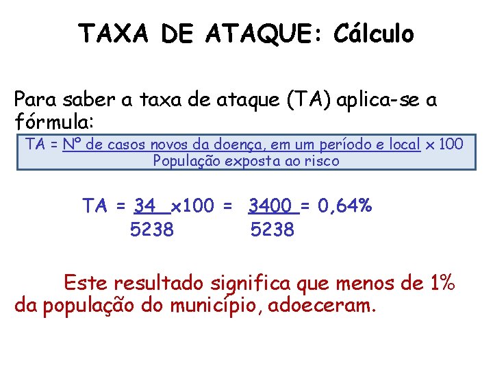 TAXA DE ATAQUE: Cálculo Para saber a taxa de ataque (TA) aplica-se a fórmula: TAXA DE ATAQUE: Cálculo Para saber a taxa de ataque (TA) aplica-se a fórmula: