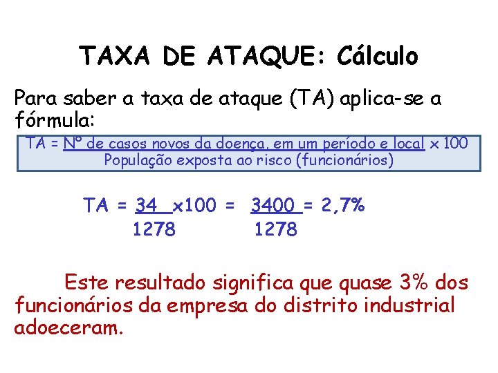 TAXA DE ATAQUE: Cálculo Para saber a taxa de ataque (TA) aplica-se a fórmula: TAXA DE ATAQUE: Cálculo Para saber a taxa de ataque (TA) aplica-se a fórmula: