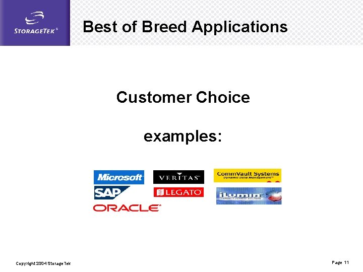 Best of Breed Applications Customer Choice examples: Copyright 2004 Storage. Tek Page 11 