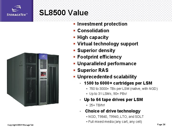 SL 8500 Value § § § § § Investment protection Consolidation High capacity Virtual