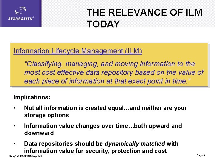 THE RELEVANCE OF ILM TODAY Information Lifecycle Management (ILM) “Classifying, managing, and moving information