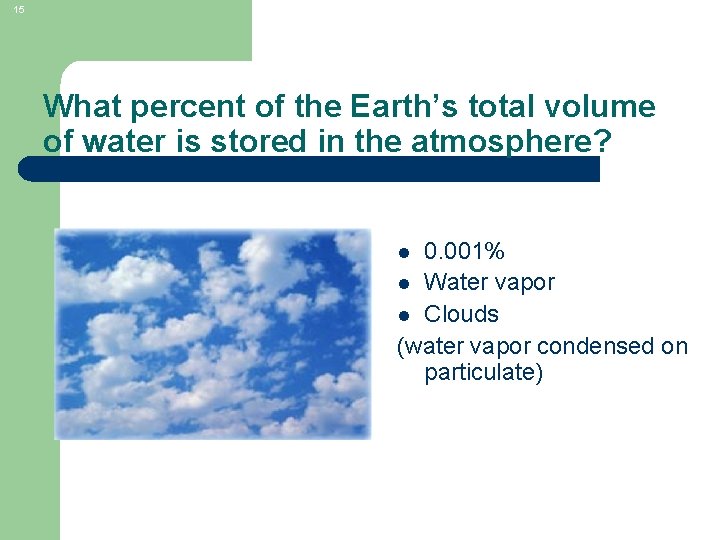 15 What percent of the Earth’s total volume of water is stored in the