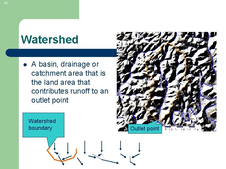 36 Watershed l A basin, drainage or catchment area that is the land area