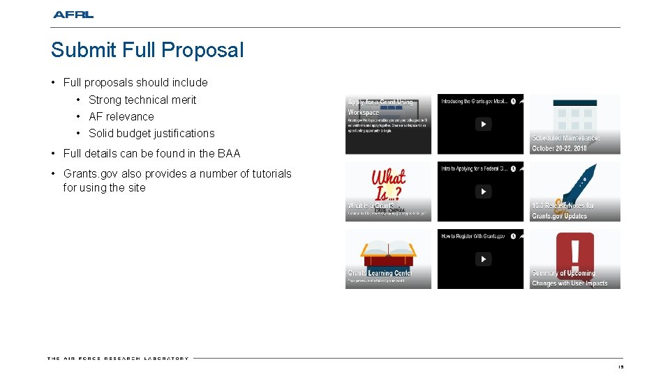 Submit Full Proposal • Full proposals should include • Strong technical merit • AF