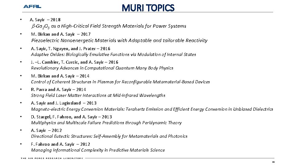 MURI TOPICS • A. Sayir – 2018 • M. Birkan and A. Sayir –