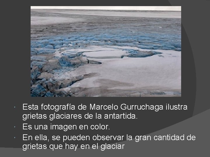 Esta fotografía de Marcelo Gurruchaga ilustra grietas glaciares de la antartida. Es una imagen