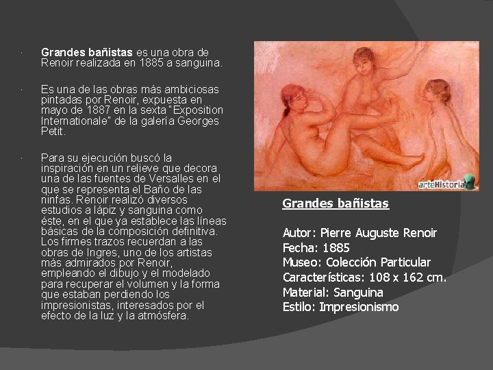  Grandes bañistas es una obra de Renoir realizada en 1885 a sanguina. Es