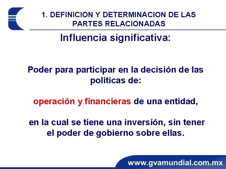 1. DEFINICION Y DETERMINACION DE LAS PARTES RELACIONADAS Influencia significativa: Poder para participar en