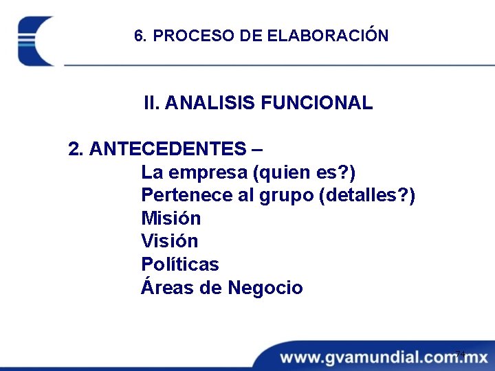 6. PROCESO DE ELABORACIÓN II. ANALISIS FUNCIONAL 2. ANTECEDENTES – La empresa (quien es?