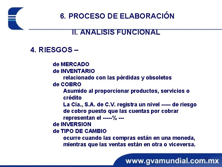 6. PROCESO DE ELABORACIÓN II. ANALISIS FUNCIONAL 4. RIESGOS – de MERCADO de INVENTARIO