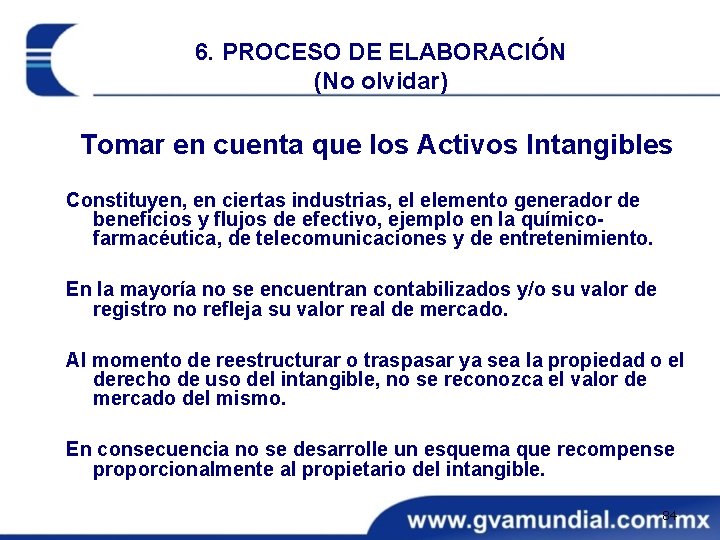 6. PROCESO DE ELABORACIÓN (No olvidar) Tomar en cuenta que los Activos Intangibles Constituyen,