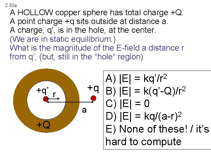2. 30 a A HOLLOW copper sphere has total charge +Q. A point charge