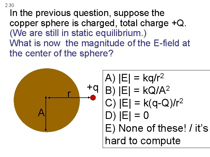 2. 30 In the previous question, suppose the copper sphere is charged, total charge
