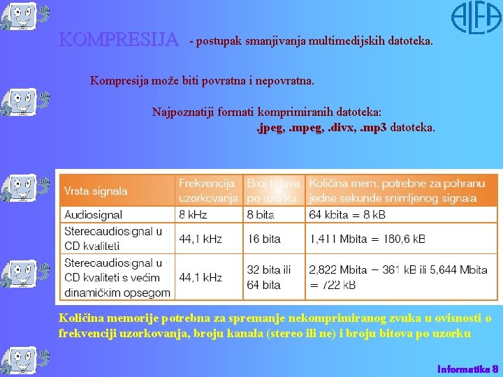 KOMPRESIJA - postupak smanjivanja multimedijskih datoteka. Kompresija može biti povratna i nepovratna. Najpoznatiji formati